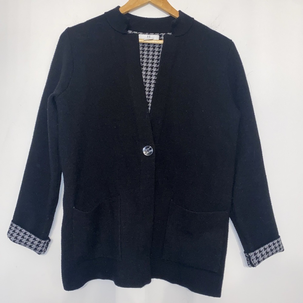 Halston Women's Black Knit Cardigan Sweater Size Large Houndstooth Lined